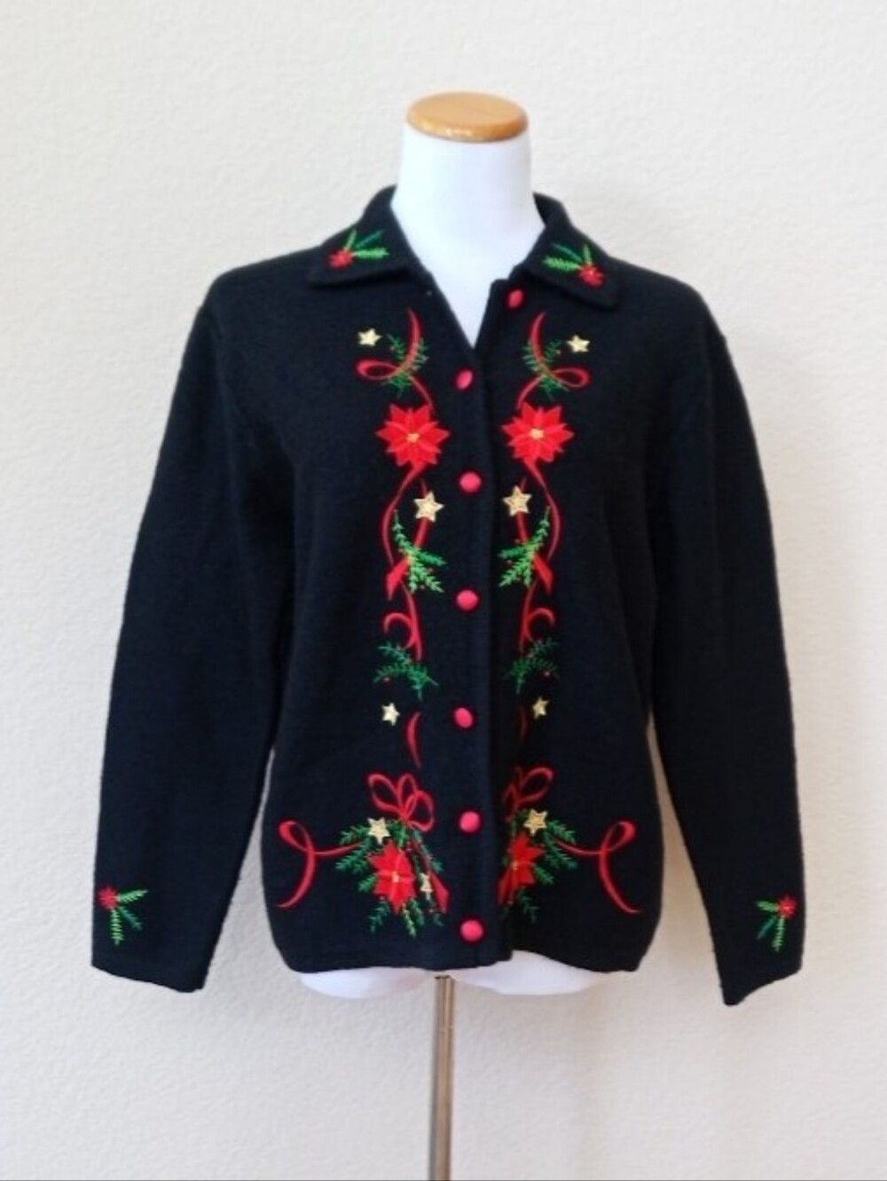 Karen Scott vintage wool black festive sweater with embroidery accents